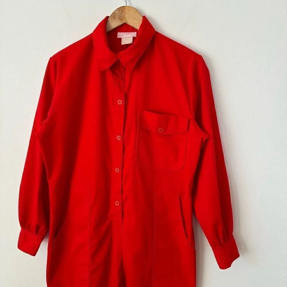 Vintage 1900s Lerner Red Twill Long Sleeve Button Front Tapered Leg Red Boiler J